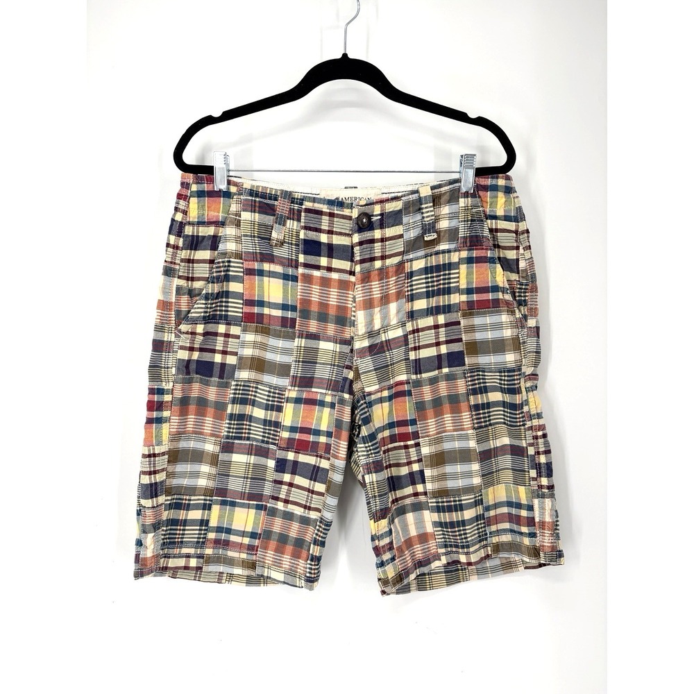 American Eagle Outfitters Shorts Mens 34 Madras Plaid Patchwork 11" Preppy